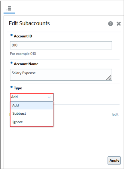 Dropdown-Liste "Typ"